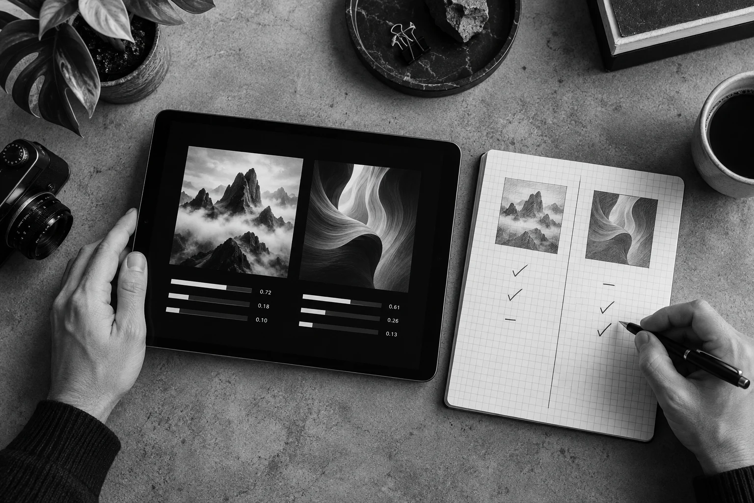 Monochrome AI-generated editorial artwork